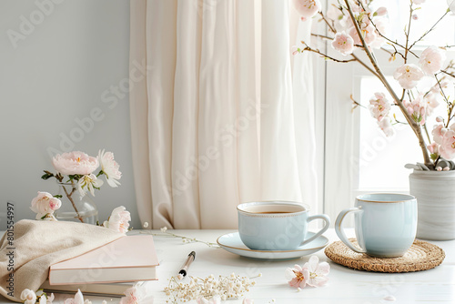 Table with two cups of tea, a book, and a vase of flowers. The table setting is simple and elegant photo