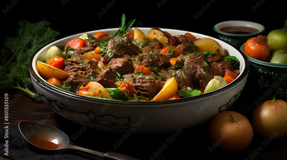 A savory and satisfying bowl of beef stew with tender meat and fresh vegetables.