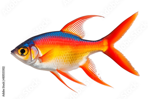 Serpae Tetra fish isolated on white or transparent background. Close-up of colorful fish, side view. A graphic design element to be inserted into a project.