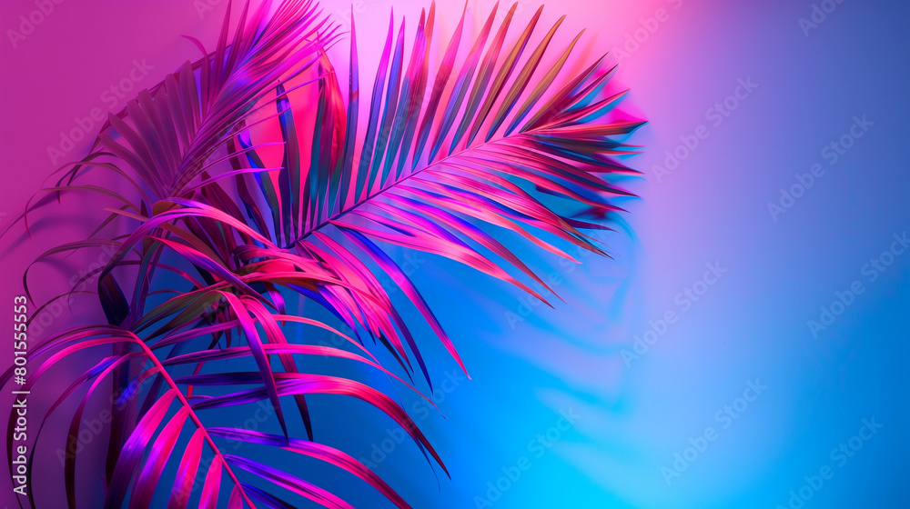 palm tree leaf against red and blue neon light background palm tree leaf against red and blue neon light background