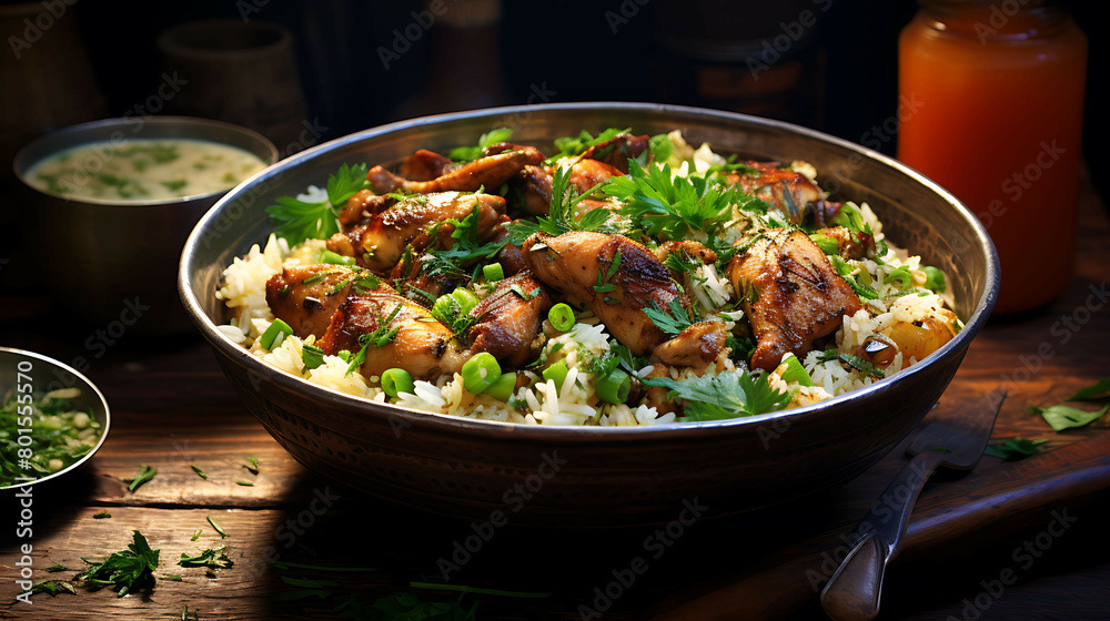 A savory and satisfying bowl of chicken and rice with saut?(C)ed onions and spices.