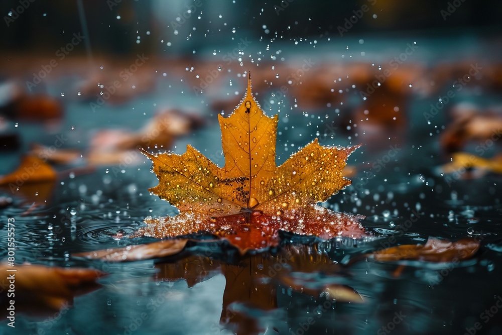 Golden Autumn Leaf Floating on a Tranquil Water Surface Golden Autumn Leaf Floating on a Tranquil Water Surface