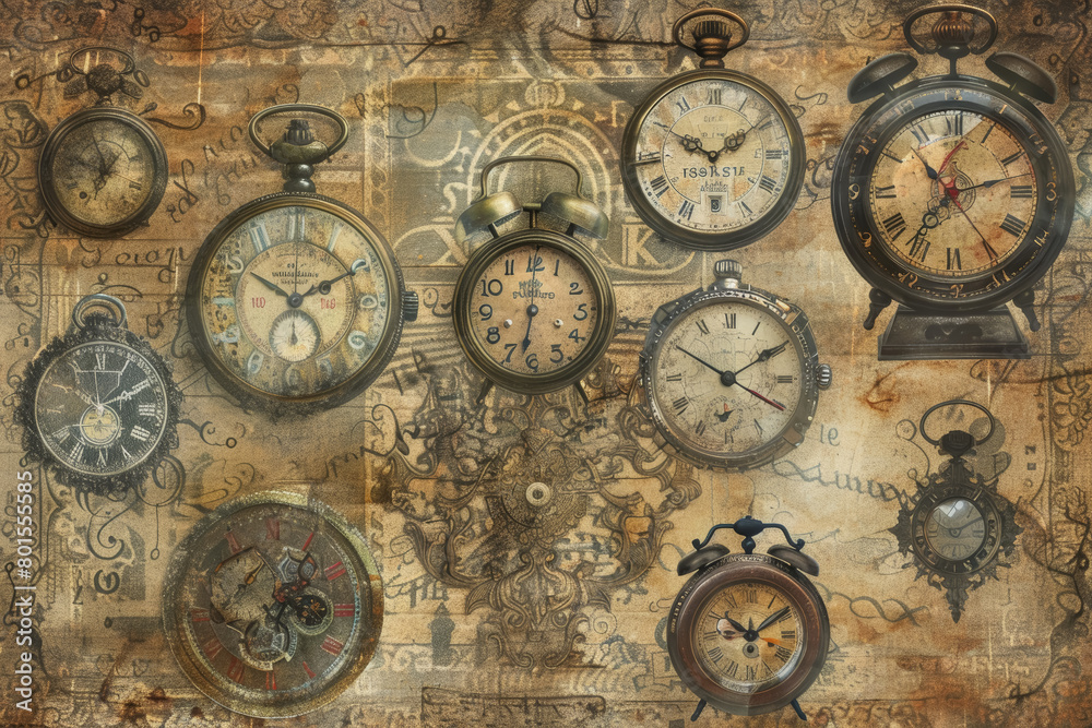 Fototapeta premium Antique Timepieces at 11:59 on Textured Background