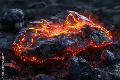 Glowing Lava Rock on Dark Volcanic Surface Under Night Sky photo