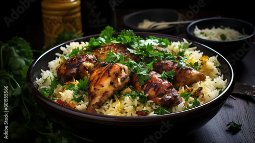 A savory and satisfying bowl of chicken and rice with saut?(C)ed onions and spices.