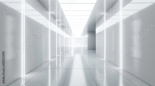 White illuminated corridor with reflective floor and vertical lights. Modern architecture interior design with copy space for banners and poster concepts