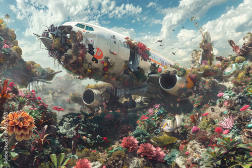 Crashed airplane on alien planet among vibrant flora