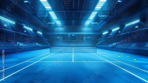 Professional blue tennis court with seating and arena lighting. Sports venue and competition concept.