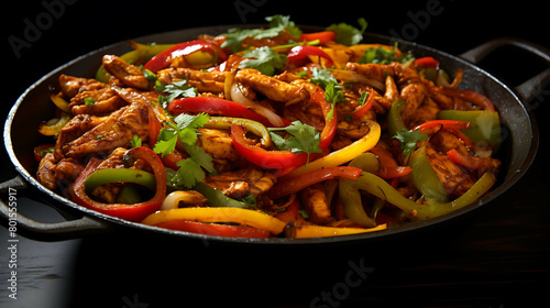 A savory and satisfying bowl of chicken fajitas with saut  C ed onions and bell peppers.