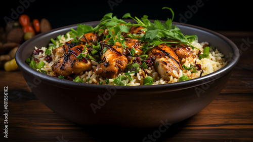 A savory and satisfying bowl of chicken and rice with saut?(C)ed onions and spices.