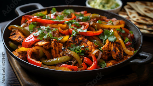 A savory and satisfying bowl of chicken fajitas with saut?(C)ed onions and bell peppers.