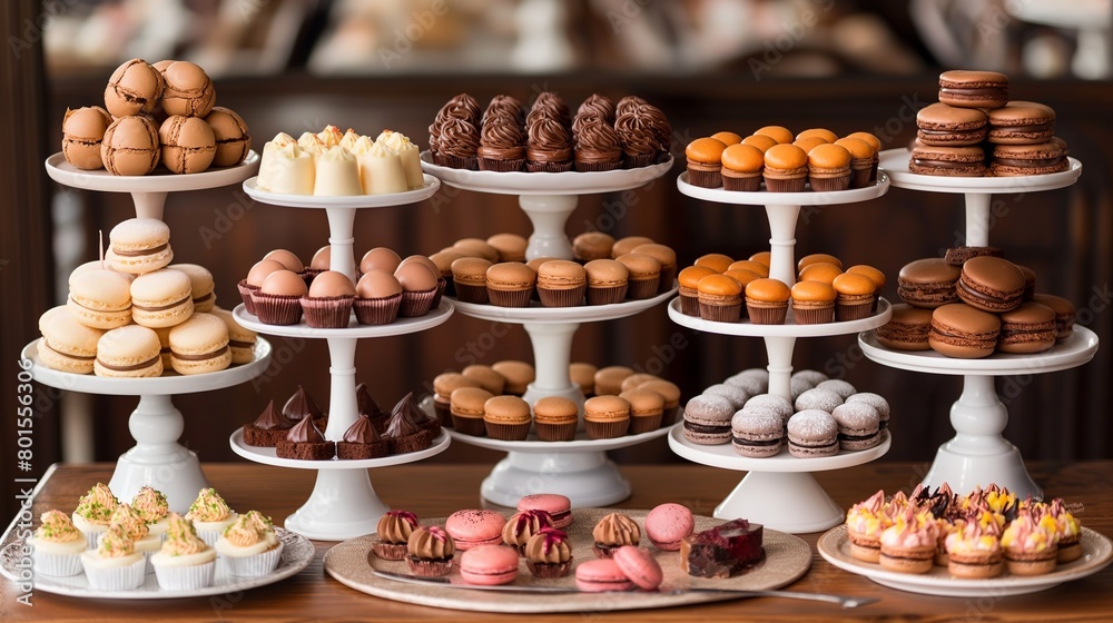 An elegant dessert table adorned with miniature pastries, macarons, petit fours, and chocolate truffles, arranged on tiered stands and platters for a touch of sophistication.
