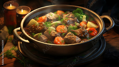 A savory bowl of beef stew with tender meat and fresh vegetables.