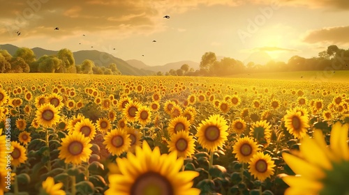 An endless field of sunflowers turning their heads to greet the morning sun photo