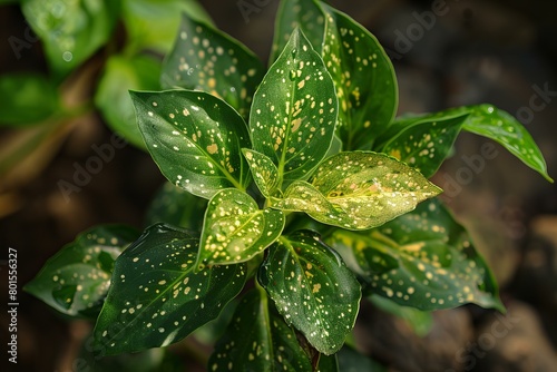 Vibrant Green Plant with Yellow Spots Under Soft Light