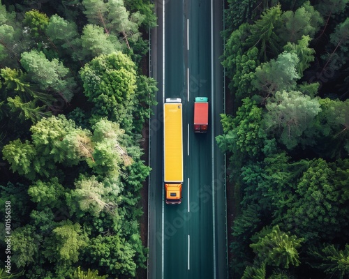 Aerial perspective captures car and truck traversing forest highway, showcasing sustainable transport with hydrogen energy truck and electric vehicle, amidst vibrant lush greenery in drone imagery