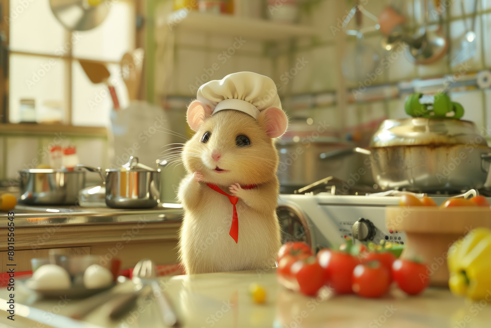 Cartoon Chef Hamster in Miniature Kitchen