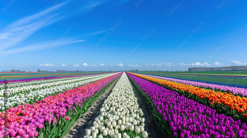 A  field of tulips, with white, purple, pink, and orange flowers. There are also some windmills in the distance.
