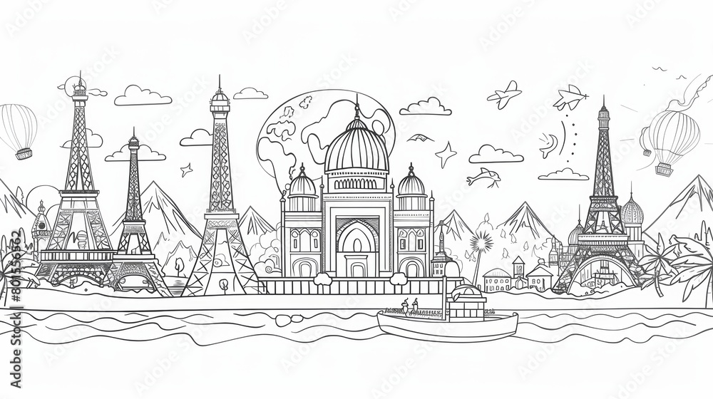 Line art illustrations of iconic landmarks from around the world, suitable for travel-related content.