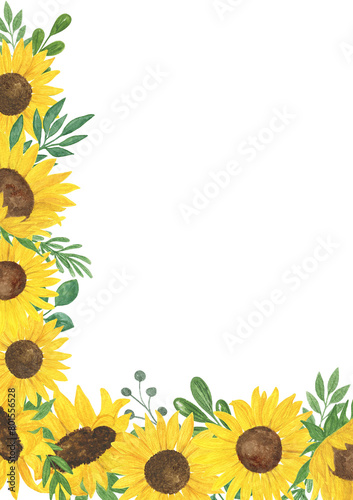 Sunflowers, leaves, branches vertical, horizontal frame, watercolor illustration greeting card, wedding invitation template concept for special occasions
