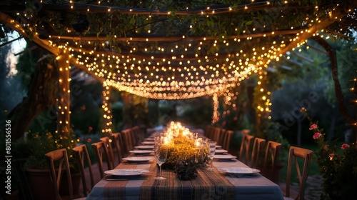 A beautifully set long dining table under a canopy of fairy lights in a garden.