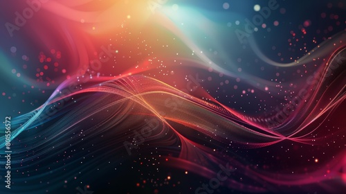 Silky abstract waves with glowing particles on a blue and red gradient background. Futuristic design concept