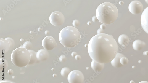 white spheres floating in the air, creating an abstract and minimalistic background with a sense of space and depth
