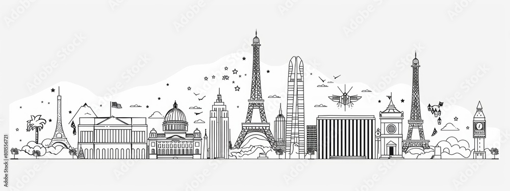 Line art illustrations of iconic landmarks from around the world ...