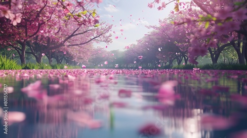 A blooming cherry blossom grove with petals gently falling onto a tranquil pond