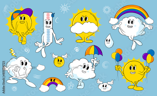 set of cartoon characters in groove style with sun and cloud, weather stickers