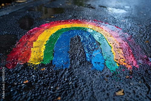 Vibrant Rainbow Painted on Wet Black Asphalt Surface