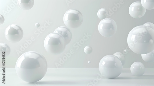 white spheres floating in the air  creating an abstract and minimalistic background with a sense of space and depth