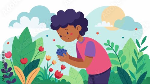 A child exploring a virtual garden smelling the fragrant flowers and feeling the soft petals against their fingertips as they collect ripe berries.