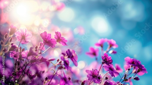 This is an image of purple flowers with a blurred background of bright blue sky and white clouds.  