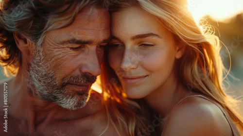 couple amoureux de 40-50ans à la lumière du soleil couchant photo