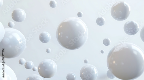 white spheres floating in the air, creating an abstract and minimalistic background with a sense of space and depth