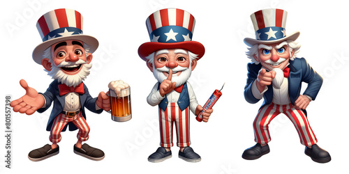 A set of patriotic senior citizen cartoons, celebrating July 4th Independence Day, isolated on a transparent background