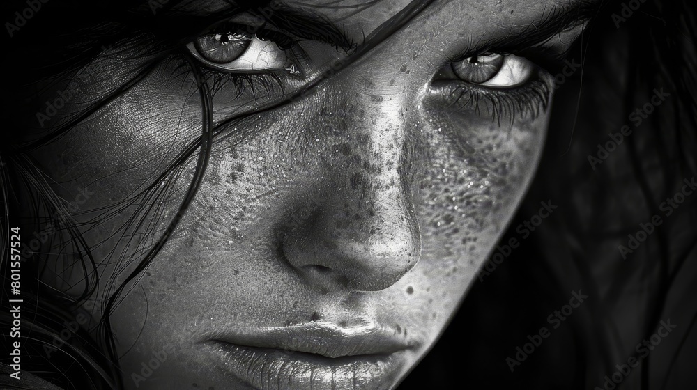 Obraz premium A monochrome image of a woman's face adorned with freckles, both in her hair and around her eyes