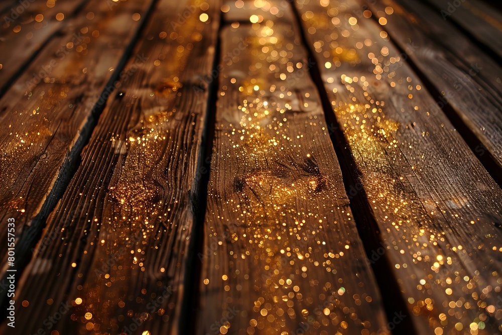 Golden Glitter Sparkles on Dark Wooden Table Golden Glitter Sparkles on Dark Wooden Table