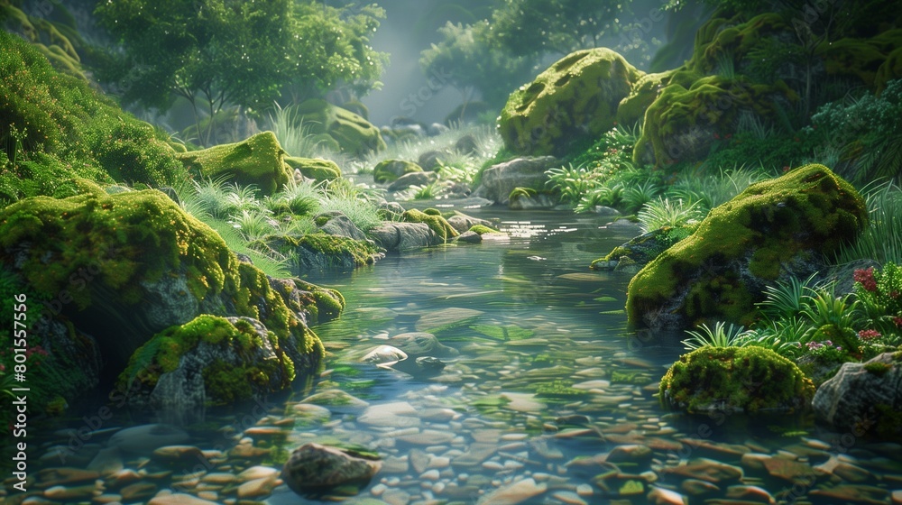 A clear mountain stream winding its way through moss-covered rocks, teeming with aquatic life.