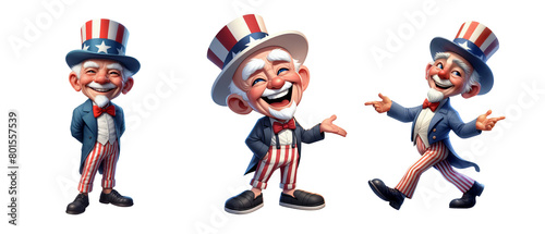 A set of patriotic senior citizen cartoons, celebrating July 4th Independence Day, isolated on a transparent background