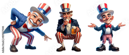 A set of patriotic senior citizen cartoons, celebrating July 4th Independence Day, isolated on a transparent background