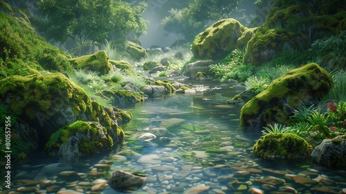 A clear mountain stream winding its way through moss-covered rocks, teeming with aquatic life. photo