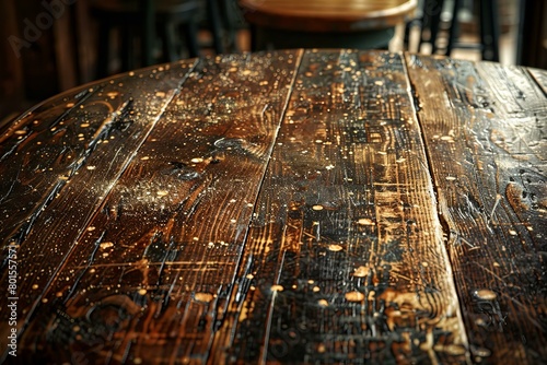 Elegant Wooden Table Dappled With Raindrops and Light
