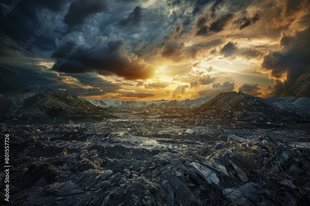 Fototapeta premium Industrial Waste Landscape at Sunset with Ominous Clouds