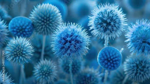This is a close-up image of blue Echinops setifer thistles in a field.

 photo
