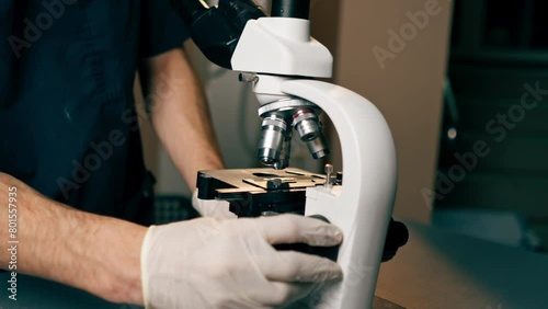 close-up in a veterinary clinic doctor adjusts the coarseness in a microscope photo