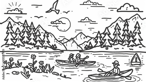 Line art illustrations of outdoor activities such as hiking  camping  and kayaking.