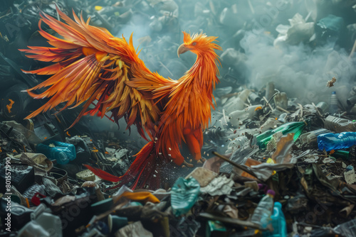 Phoenix Rising from Plastic Waste Transformation Scene