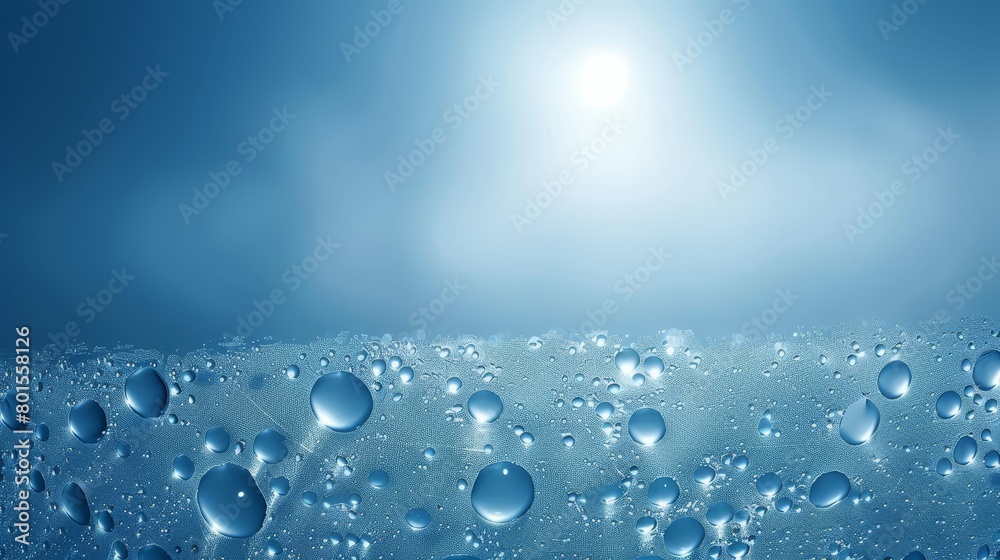   A tight shot of water droplets on a blue surface beneath a vivid sun, against a backdrop of azure sky